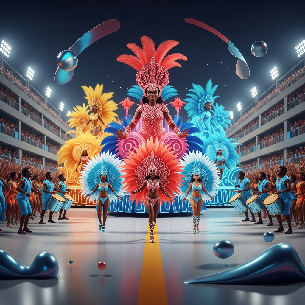 An energetic Rio Carnival parade in Brazil: samba dancers in dazzling feathered headdresses and sequined costumes strutting past vibrant, oversized floats, surrounded by cheering crowds and Afro-Brazilian drummers beating deep rhythms in the Sambadrome.