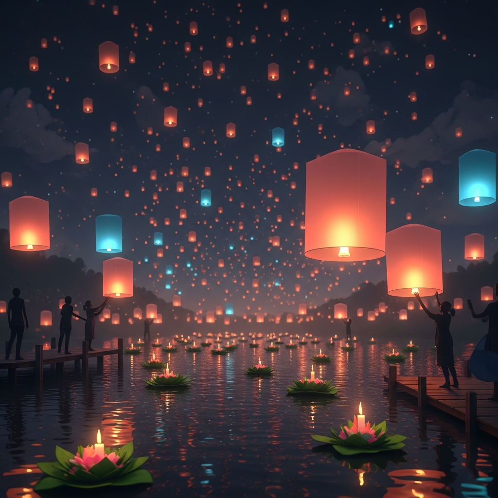 A nighttime panorama of Thailand’s Yi Peng and Loy Krathong Lantern Festival: thousands of glowing paper lanterns drifting into the starry sky above a river dotted with candlelit floating krathong boats, with silhouettes of participants releasing lanterns from a riverside pier.