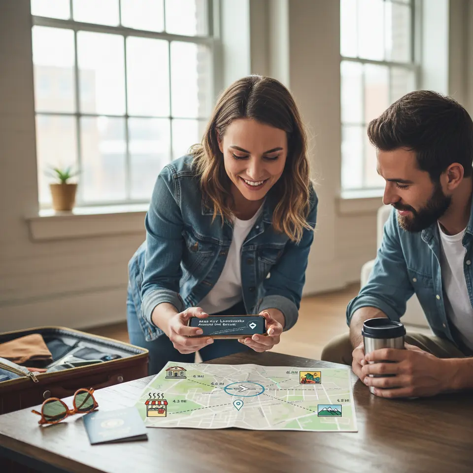 Map Key Landmarks Around the Airport: A stylized city map centered on an airport terminal icon, showing 3–5 pinned points of interest within a 5–10 mile radius—museum, street-food market stall, art district mural, scenic viewpoint—connected by dotted route lines and small distance labels for a quick layover exploration plan.