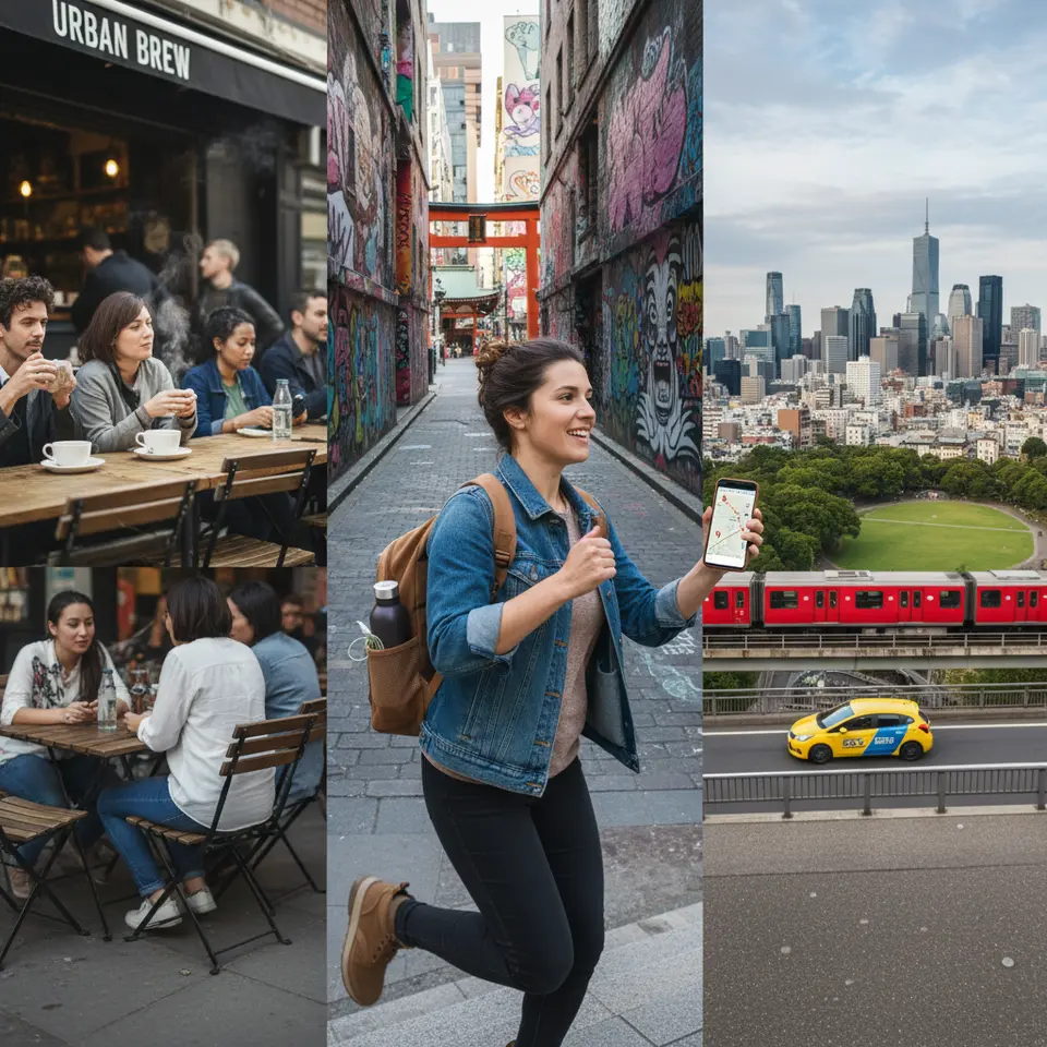 DIY City Dash Itinerary in Action: A dynamic travel scene featuring a backpack-clad explorer hopping between three stops—a local café with outdoor seating, a colorful street-art alley or historic temple, and a panoramic park overlook—with a rideshare car or metro train in the background, a smartphone map app visible in hand, and travel essentials like a water bottle and power bank.