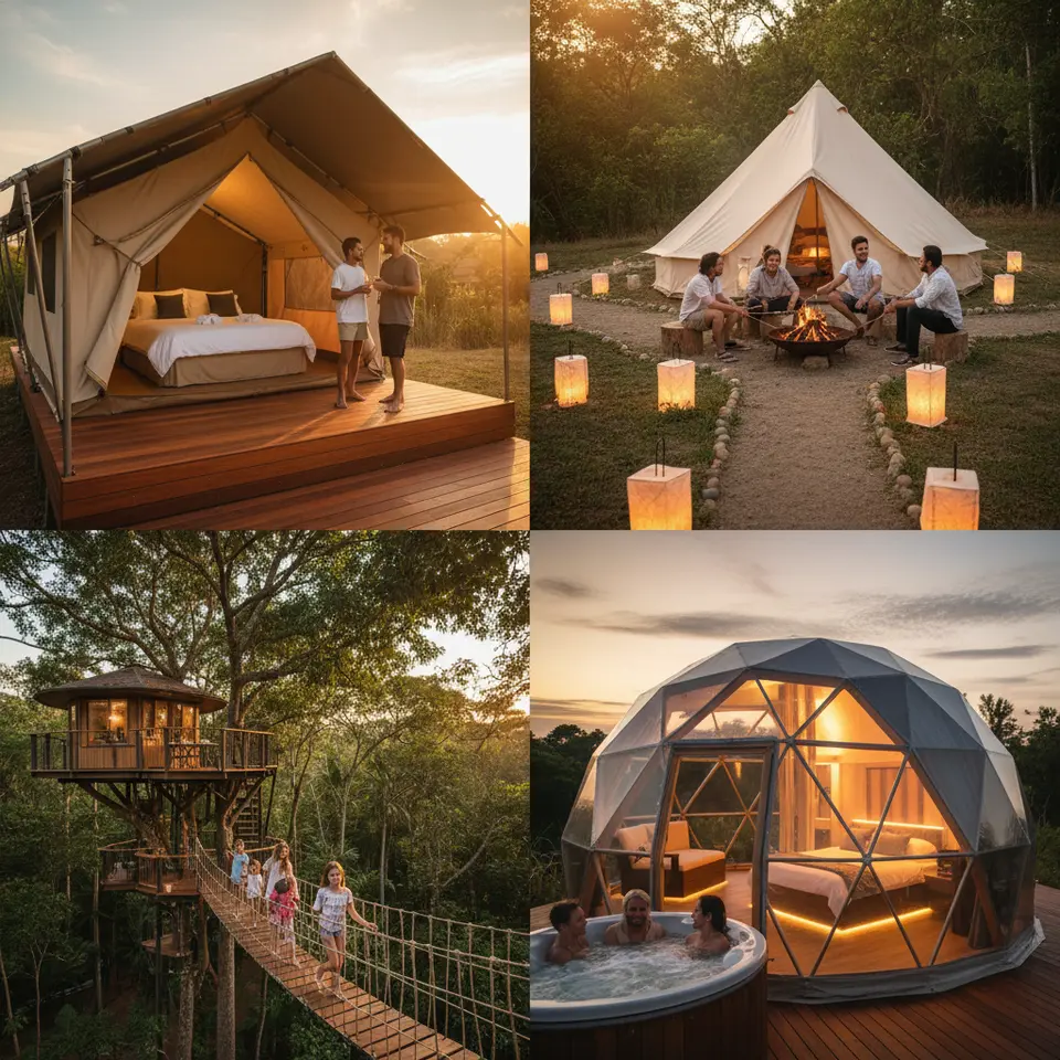 A collage of diverse glamping accommodation styles at sunset: an elevated safari tent on a teak platform with plush bedding and a shaded veranda, a spacious bell tent surrounded by lantern-lit pathways and a communal fire pit, a multi-level treehouse built among lush green canopy with rope bridges and observation decks, and a transparent geodesic dome pod featuring floor-to-ceiling windows, underfloor lighting, and an outdoor hot tub.