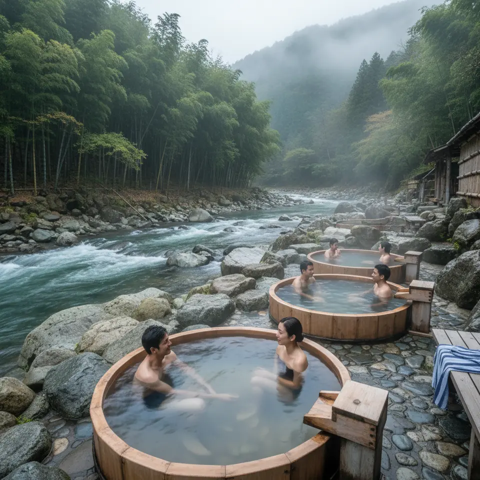 Riverside wooden hot spring tubs at Takaragawa Onsen, Japan – a rustic outdoor bathing area with steaming cedar tubs set alongside a rushing mountain river, framed by bamboo groves, moss-covered stones, and misty forest hills