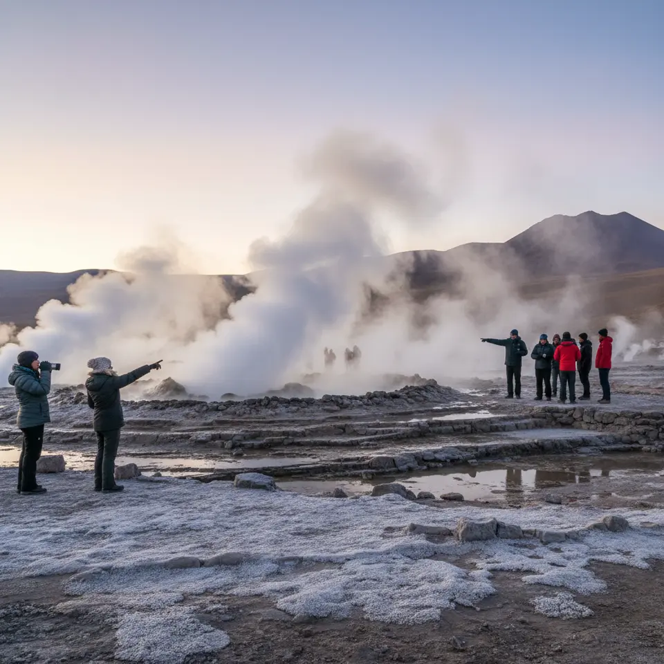 El Tatio Geysers at dawn in Chile’s Atacama Desert – dramatic steam plumes rising from geothermal vents and tiered basalt rock pools against a pastel sunrise sky, with stark desert mountains and frost-kissed ground in the background