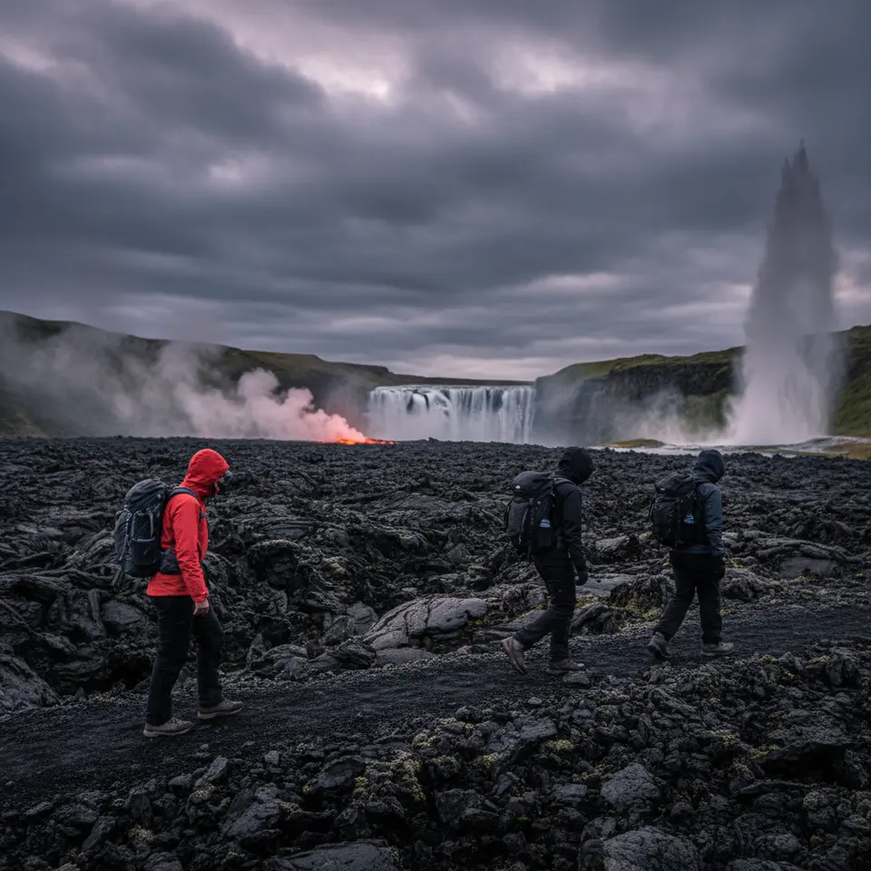 Iceland’s Dynamic Fire and Ice: Hikers traversing a dark, hardened lava field at dusk near Fagradalsfjall, with glowing vents puffing steam in the distance, thundering Gullfoss waterfall under a brooding sky, and geyser spouts rising from the geothermal Golden Circle landscape