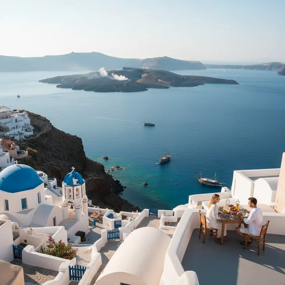 Santorini’s Submerged Caldera and Whitewashed Villages: A panoramic cliffside view of whitewashed buildings with cobalt-blue domes perched above a deep azure lagoon, sunlight glinting on submerged volcanic vents, traditional boats in the water, and steaming hot springs at Nea Kameni off in the distance