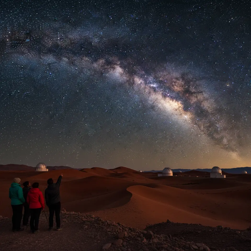 A panoramic nightscape of the Atacama Desert in Chile: barren red-hued dunes and low-lying observatory domes silhouetted against a crystal-clear sky ablaze with the Milky Way stretching from horizon to horizon