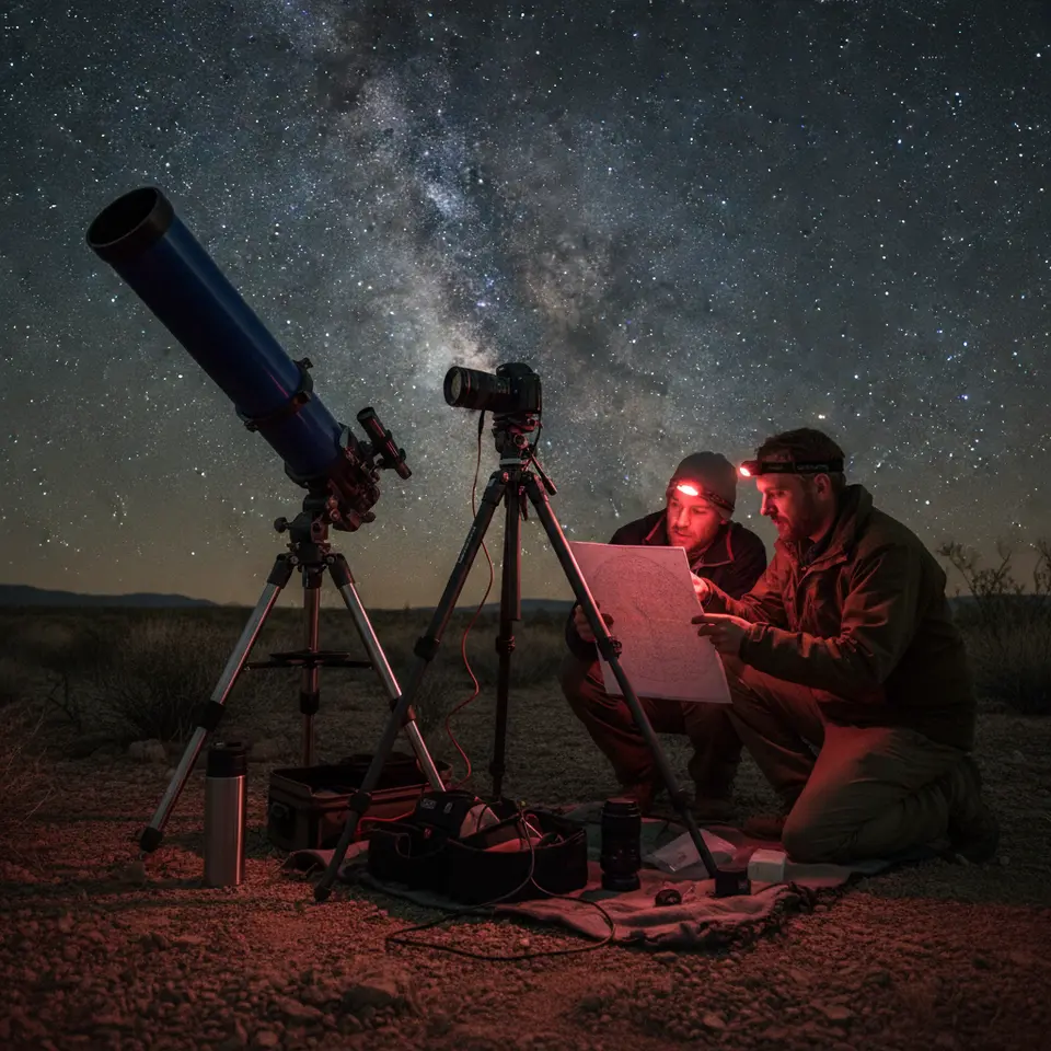 A close-up astrophotography gear layout under a starry sky: a mid-range Dobsonian telescope and a DSLR on a sturdy carbon-fiber tripod with a motorized equatorial mount, a wide-angle lens, a glowing red-filter headlamp illuminating laminated star charts, all set against a backdrop of twinkling stars