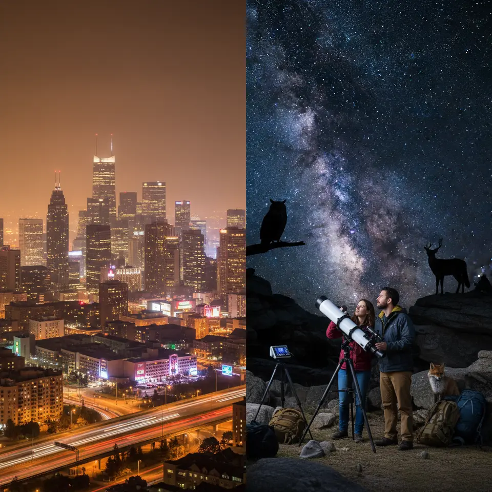 A split-scene illustration contrasting a brightly lit city skyline drowning in light pollution on one side, and a pristine wilderness under a vivid Milky Way on the other, complete with silhouetted nocturnal animals, a telescope set up, and ambient star-quality monitoring instruments at a certified dark-sky site.