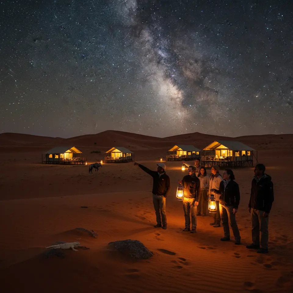 A nighttime desert safari in Namibia’s NamibRand Nature Reserve: rolling dunes bathed in silvery starlight, eco-tents and roof-deck cabins glowing softly, tourists guided by lantern light to spot desert wildlife under a spectacular Milky Way sky.
